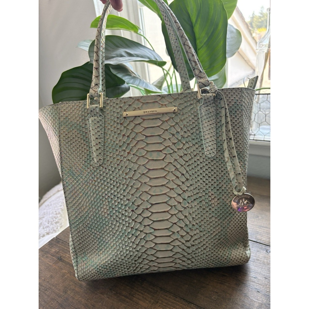 Brahmin Harrison Carryall Python Opal Green Seville Leather Bag